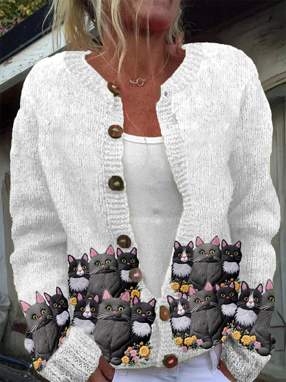 Women's Three Cats Flower Embroidered Pattern Casual Warm Button Cardigan