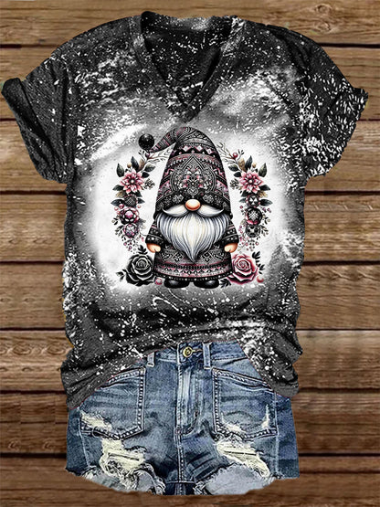 Unisex Gnome Flower Print Casual V-Neck Short Sleeve T-shirt