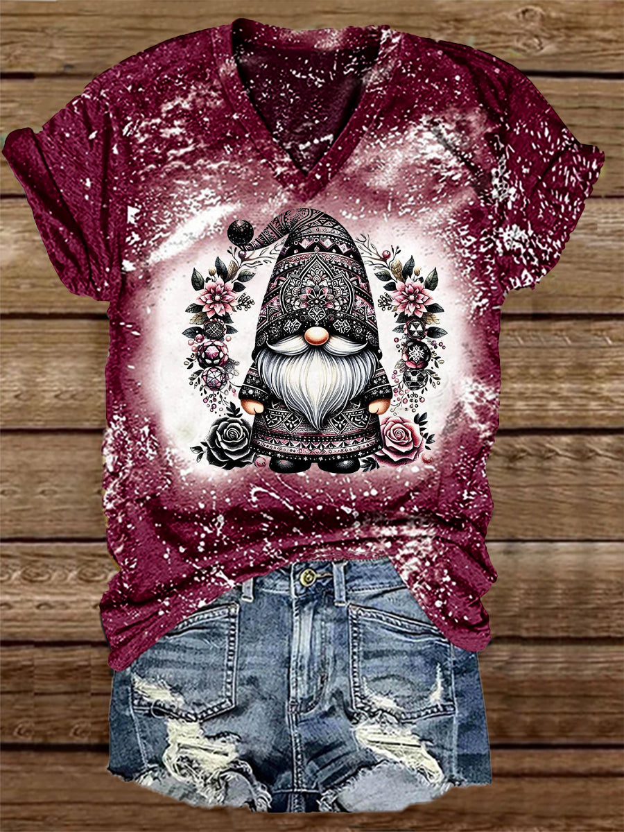 Unisex Gnome Flower Print Casual V-Neck Short Sleeve T-shirt