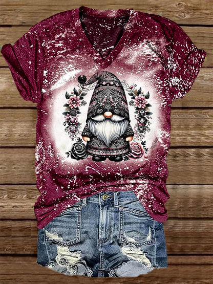 Unisex Gnome Flower Print Casual V-Neck Short Sleeve T-shirt