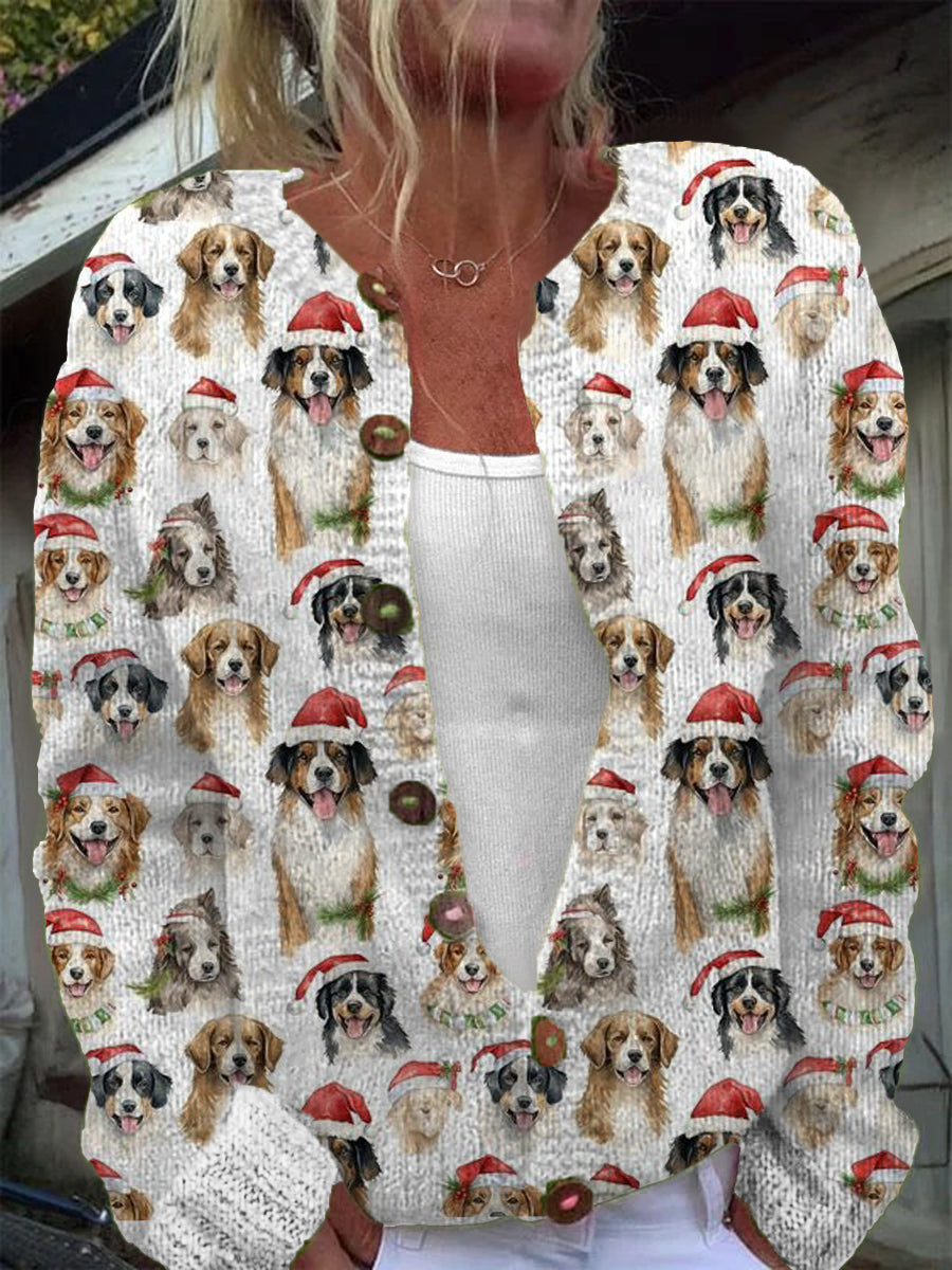 Women's Christmas Hat Dog Pattern Casual Warm Button Cardigan