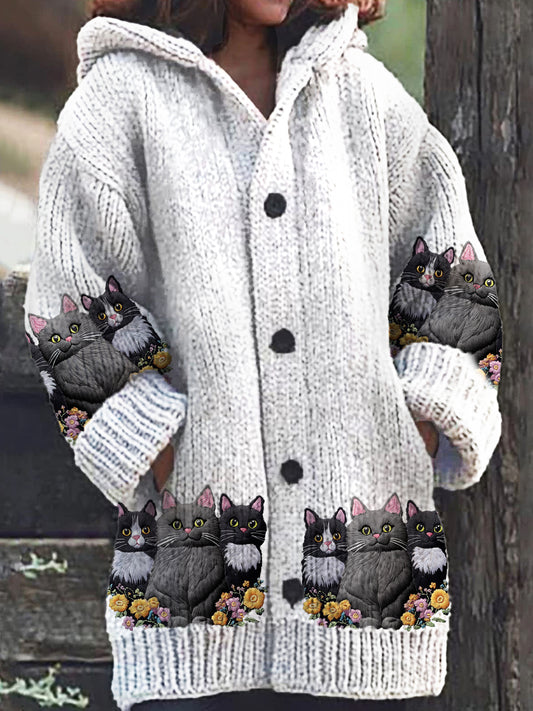 Women's Three Cats Flower Embroidered Pattern Casual Warm Button Hooded Cardigan