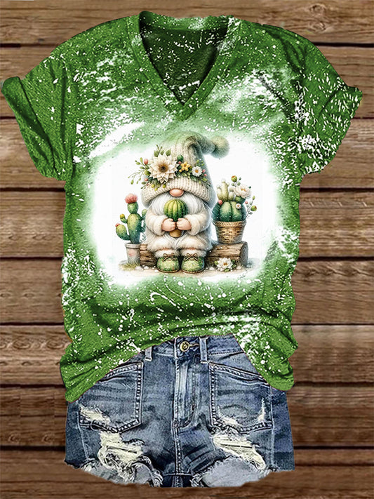 Unisex Gnome Plant Cactus Print Casual V-Neck Short Sleeve T-shirt