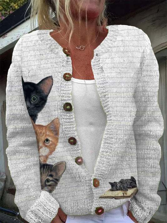 Women's Fun Cat Pattern Casual Warm Button Cardigan