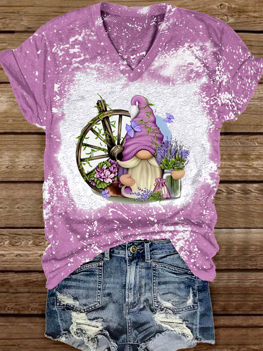 Unisex Gnome Lavender Floral Print Casual V-Neck Short Sleeve T-shirt