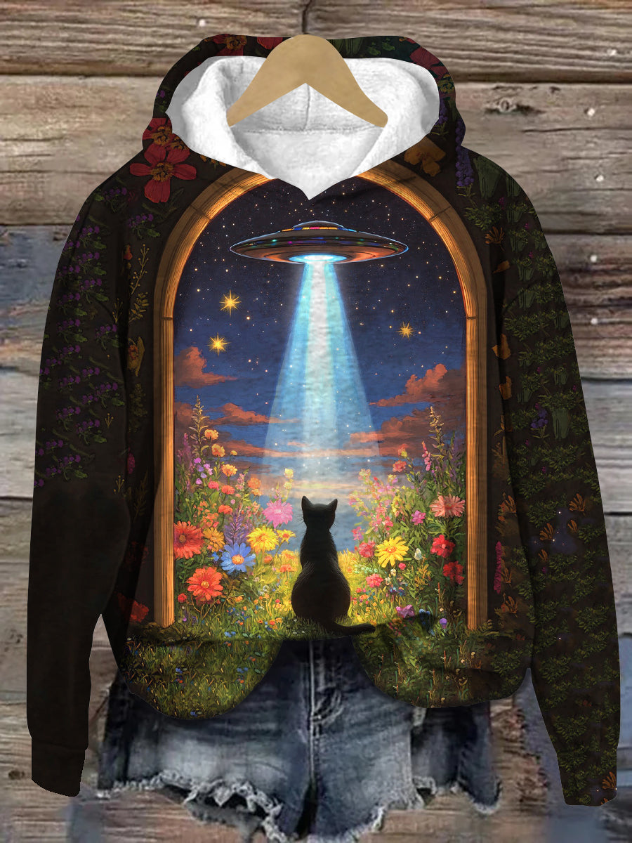 Cat and UFO Art Print Unisex Hooded Long Sleeve Casual Sweatshirt