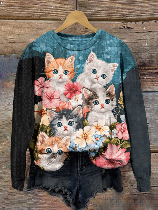 Cute Cat Art Print Unisex Crew Neck Long Sleeve Casual Sweatshirt