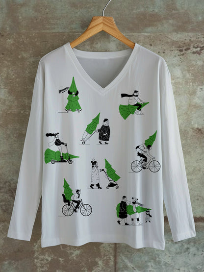 Christmas Tree Art Print Unisex V-Neck Long Sleeve Casual T-Shirt