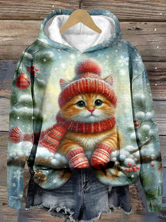 Christmas Cat Art Print Unisex Hooded Long Sleeve Casual Sweatshirt