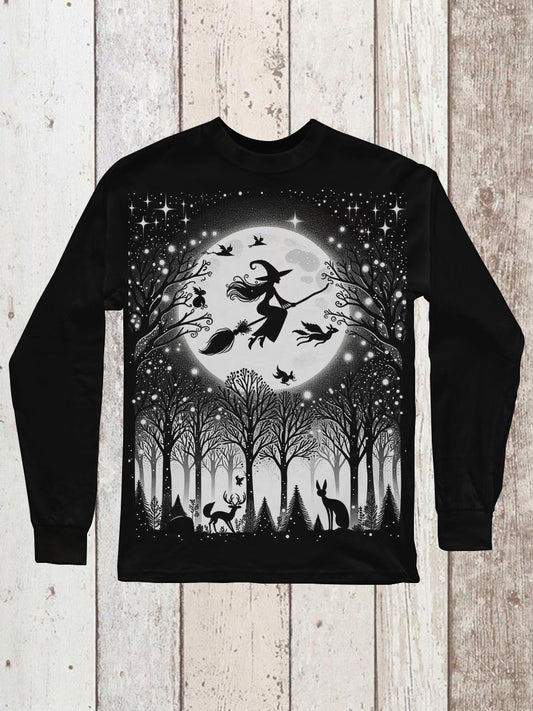 Witch Art Print Unisex Round Neck Long Sleeve Casual T-Shirt