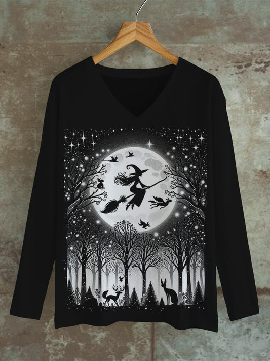 Witch Art Print Unisex V-Neck Long Sleeve Casual T-Shirt