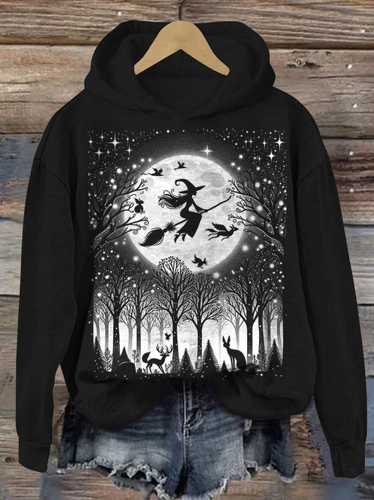 Witch Art Print Unisex Long Sleeve Casual Hooded Sweatshirt