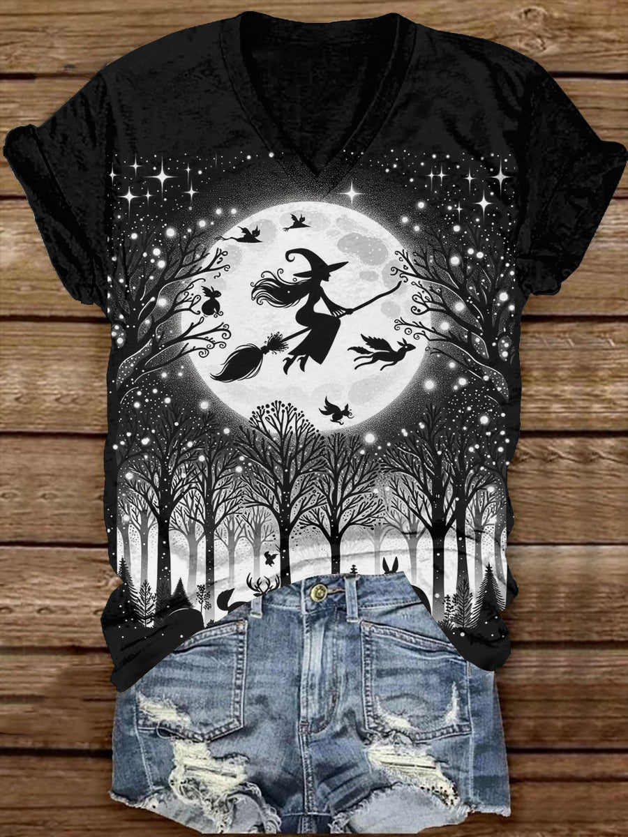 Witch Art Print Unisex V-Neck Short Sleeve Casual T-Shirt