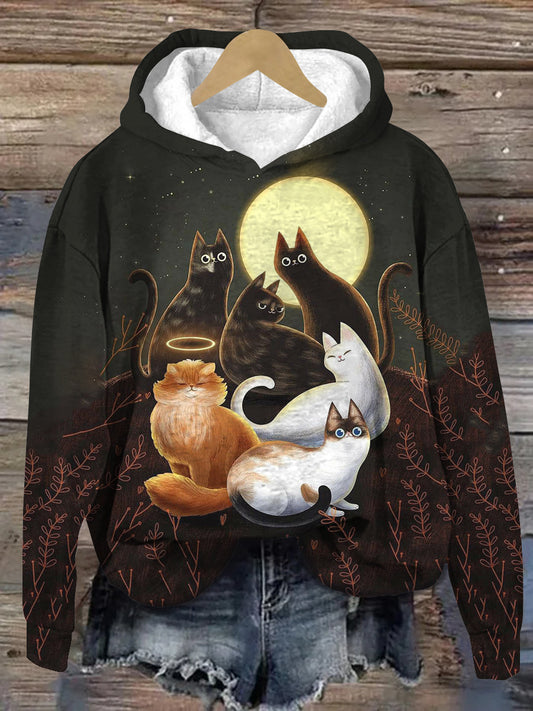 Cat Art Print Unisex Hooded Long Sleeve Casual Sweatshirt