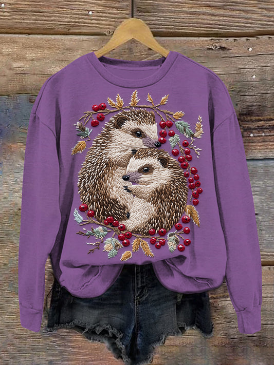 Cute Hedgehog Embroidery Art Print Unisex Casual Sweatshirt