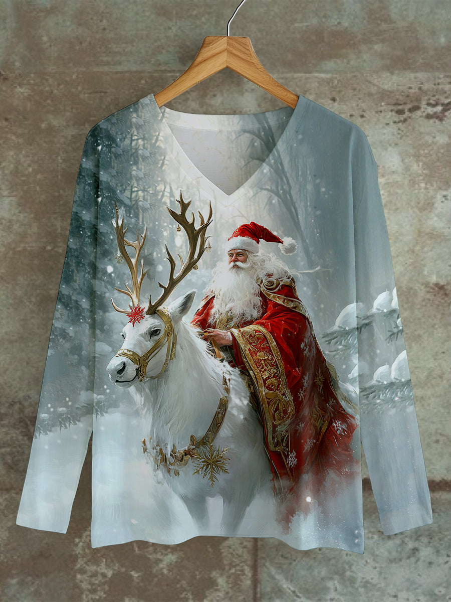 Santa Claus Art Print Unisex V-Neck Long Sleeve Casual T-Shirt