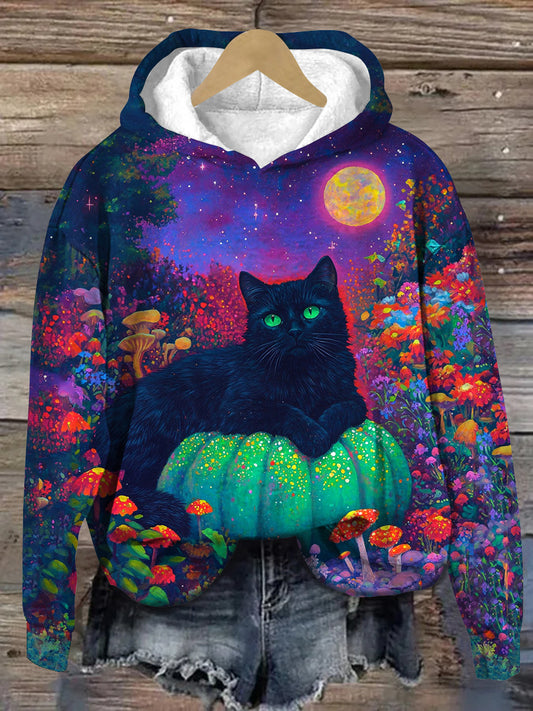 Black Cat Art Print Unisex Hooded Long Sleeve Casual Sweatshirt