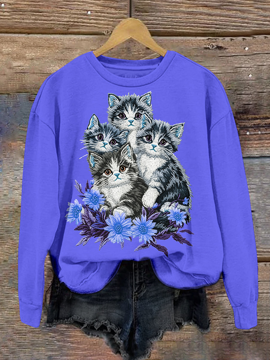 Cute Cat Embroidery Art Print Unisex Round Neck Long Sleeve Casual Sweatshirt