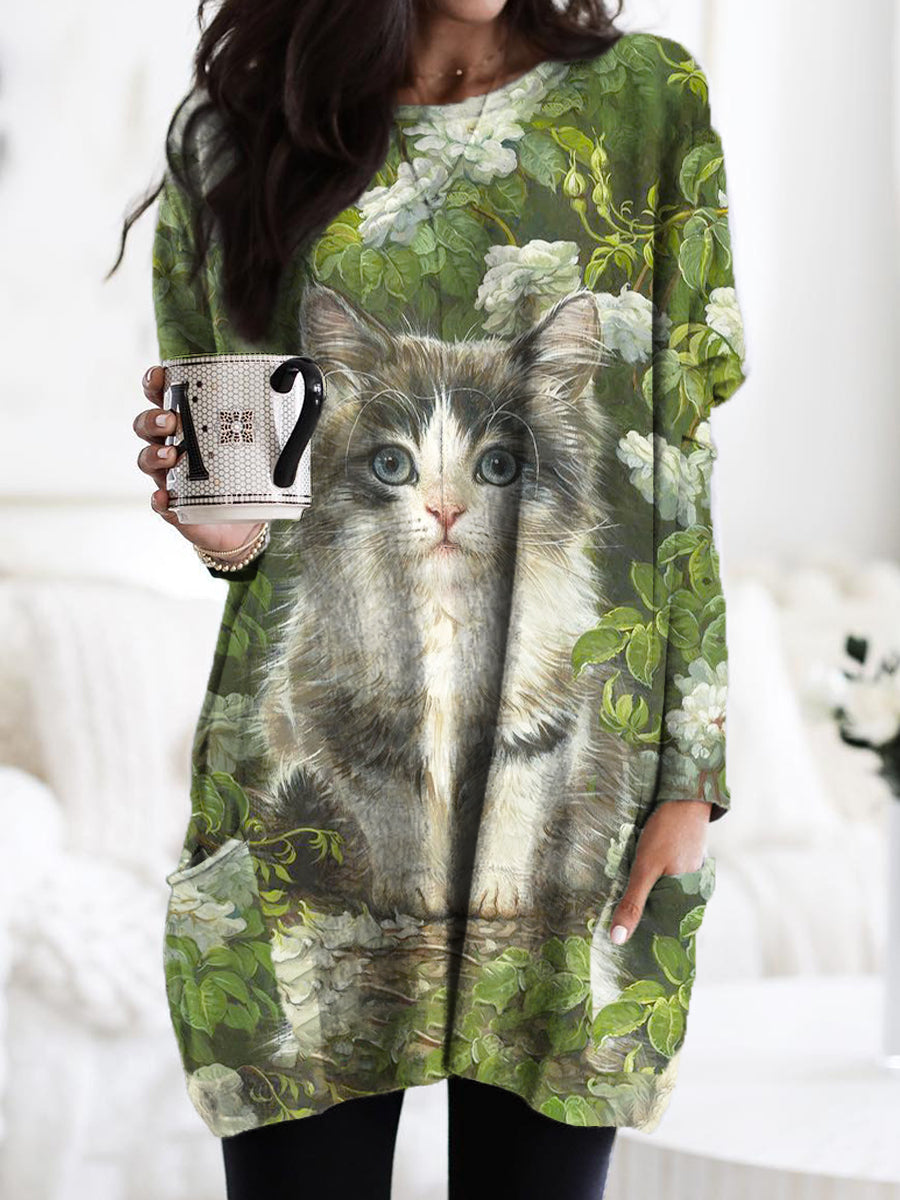 Women's Retro Cat Plant Pattern Casual Pocket Crew Neck Long Sleeve T-shirt