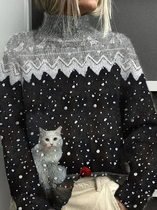 Women's Cat Lace Snowflake Pattern Warm Casual Turtleneck Sweater