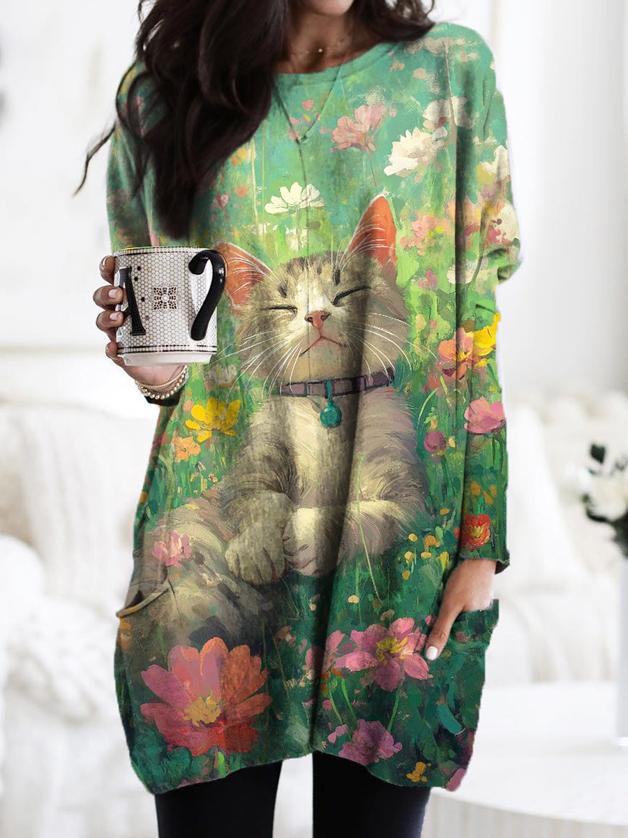 Women's Cat Plant Floral Pattern Casual Pocket Crew Neck Long Sleeve T-shirt