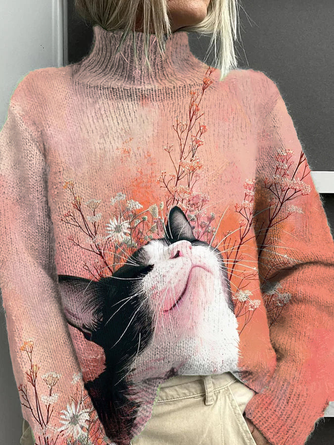 Women's Sober Cat Flower Pattern Warm Casual Turtleneck Sweater