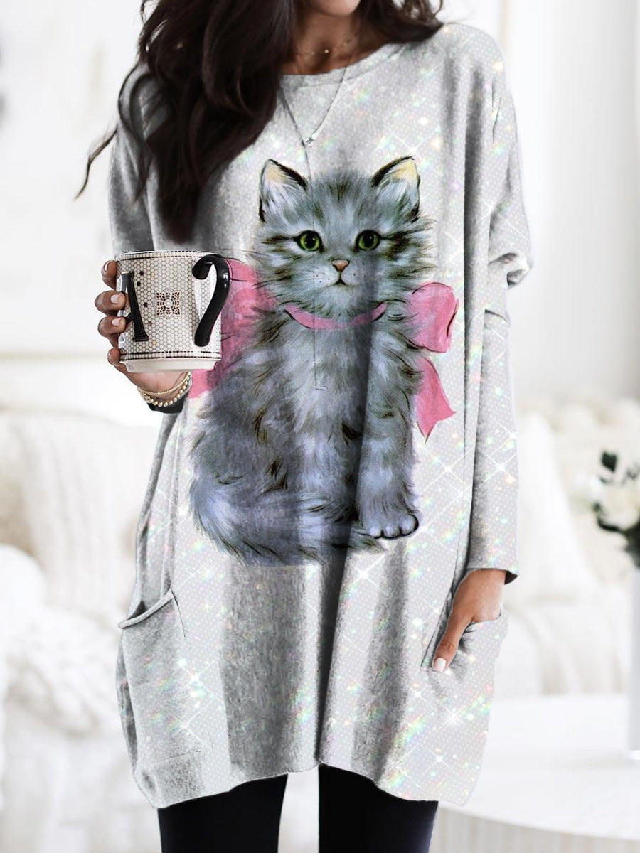 Women's Bow Cat Glitter Pattern Casual Pocket Round Neck Long Sleeve T-shirt