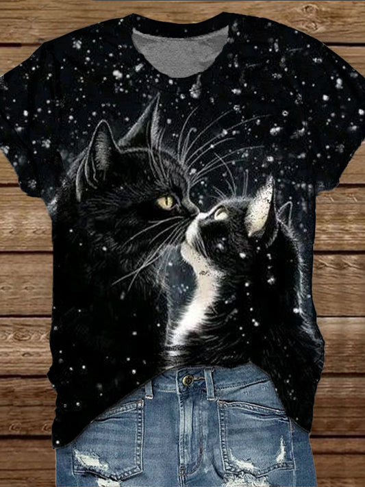 Women's Two Cats Fashion Pattern Casual Round Neck Short Sleeve T-Shirt