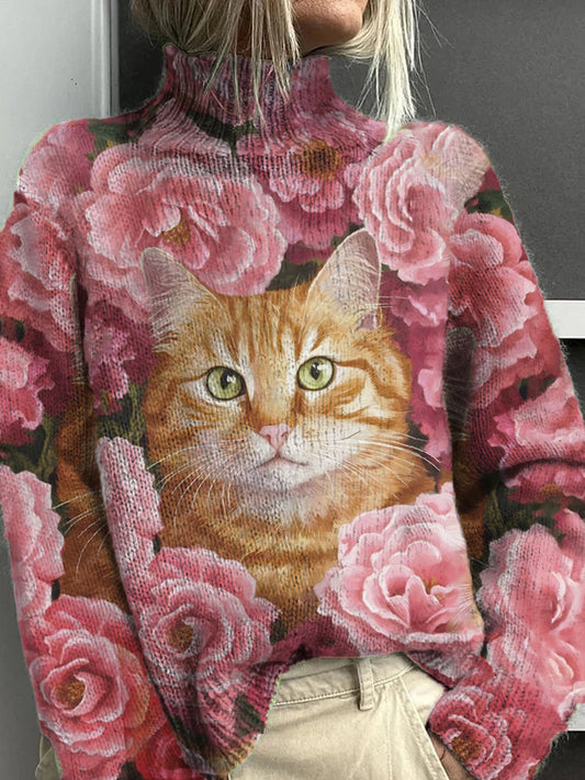 Women's Cat Floral Pattern Warm Casual Turtleneck Sweater