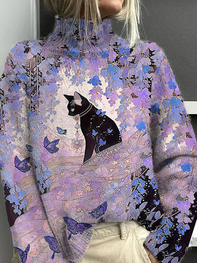 Women's Retro Cat Flower Butterfly Pattern Warm Casual Turtleneck Sweater