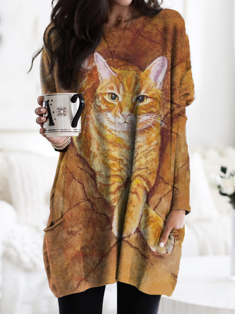 Women's Cute Cat Pattern Casual Pocket Round Neck Long Sleeve T-Shirt