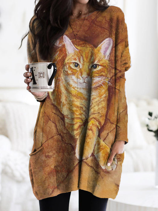 Women's Cute Cat Pattern Casual Pocket Round Neck Long Sleeve T-Shirt