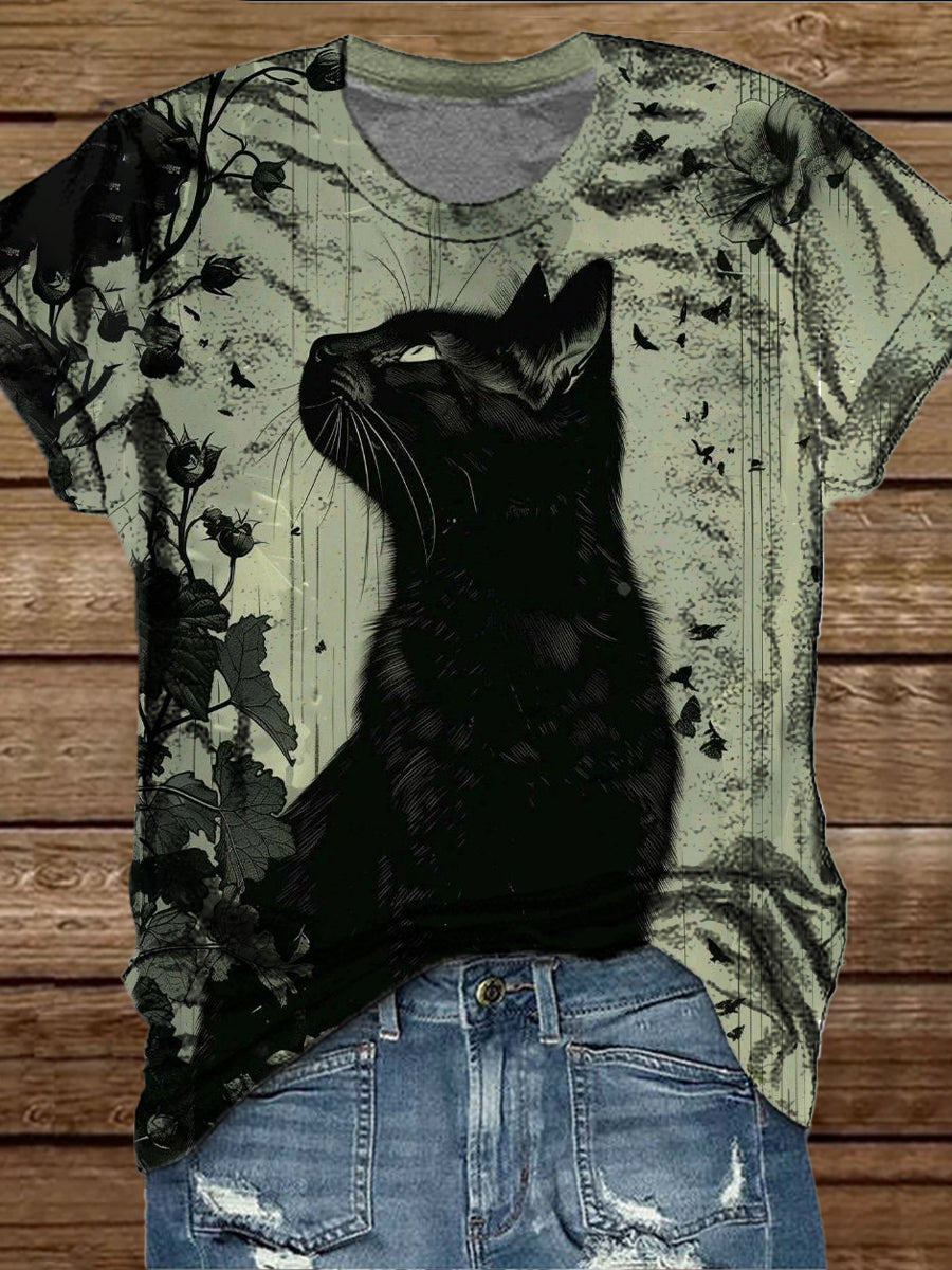 Women Black Cat Plant Fashion Pattern Casual Round Neck Short Sleeve T-Shirt