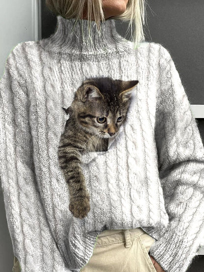 Women's Cat Knitted Texture Pattern Warm Casual Turtleneck Sweater