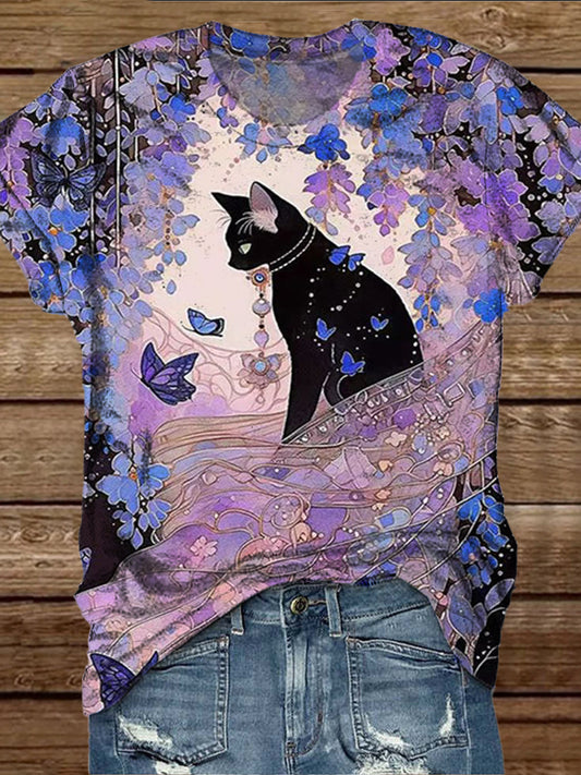 Women Black Cat Butterfly Pattern Casual Round Neck Short Sleeve T-Shirt