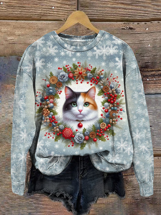 Cat Christmas Wreath Print Unisex Crew Neck Long Sleeve Casual Sweatshirt