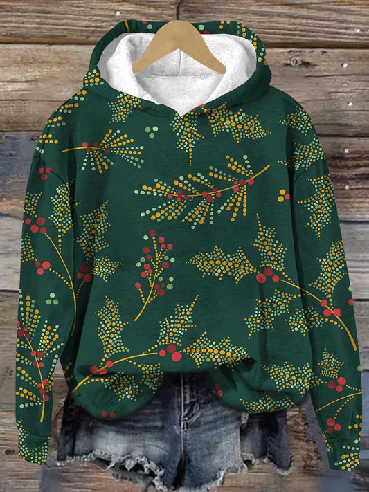 Christmas Berry Print Unisex Long Sleeve Casual Hooded Sweatshirt