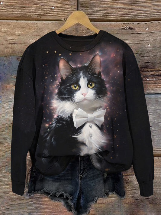 Cat Print Unisex Crew Neck Long Sleeve Casual Sweatshirt