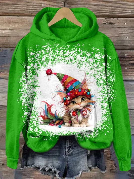 Cat Christmas Art Print Unisex Long Sleeve Casual Hooded Sweatshirt