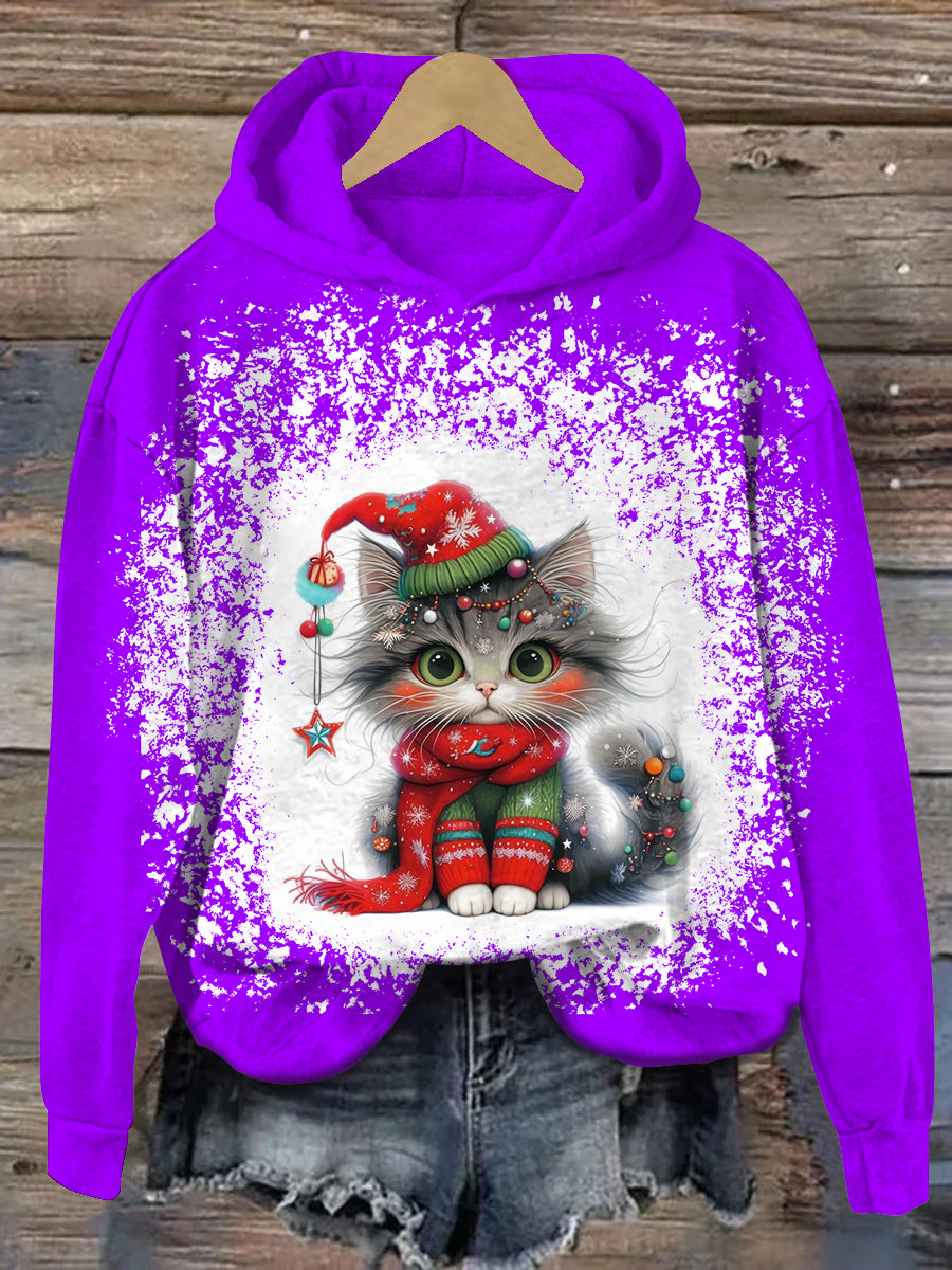 Cat Christmas Art Print Unisex Long Sleeve Casual Hooded Sweatshirt