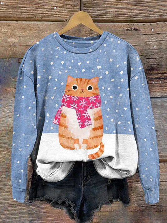 Cat Snowflake Christmas Print Unisex Crew Neck Long Sleeve Casual Sweatshirt