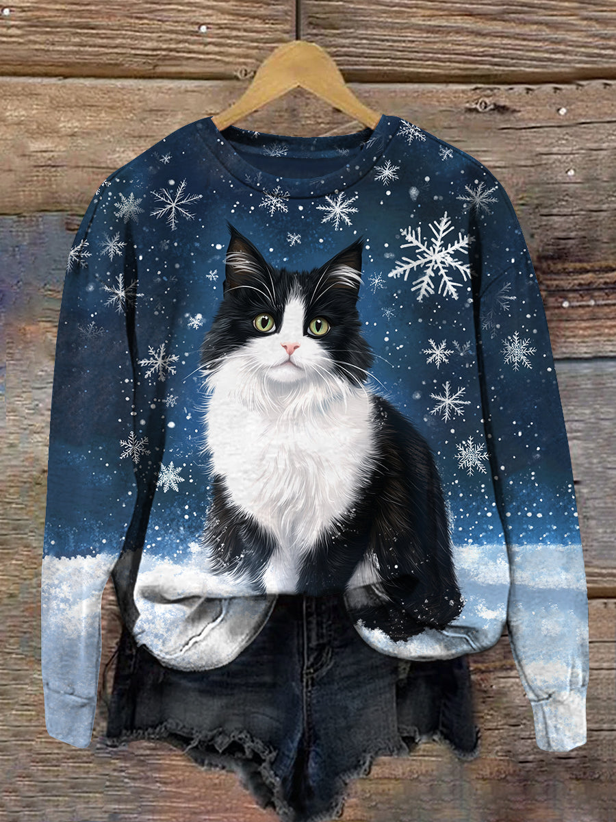 Cat Snowflake Art Print Unisex Crew Neck Long Sleeve Casual Sweatshirt