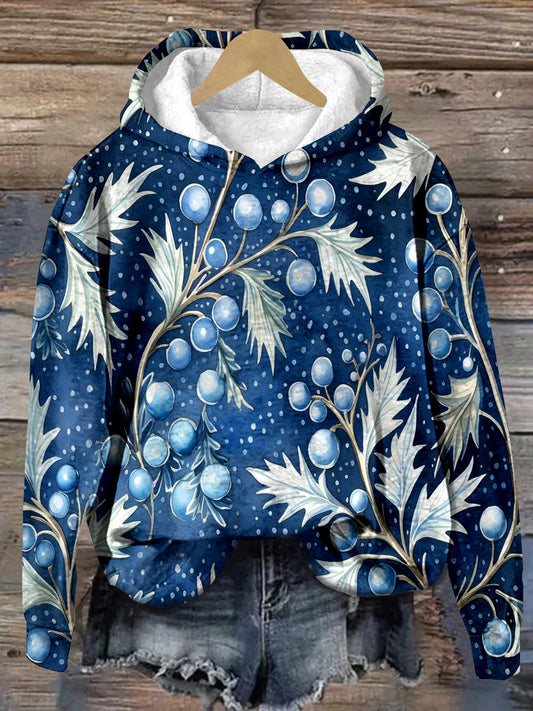 Christmas Berry Print Unisex Long Sleeve Casual Hooded Sweatshirt