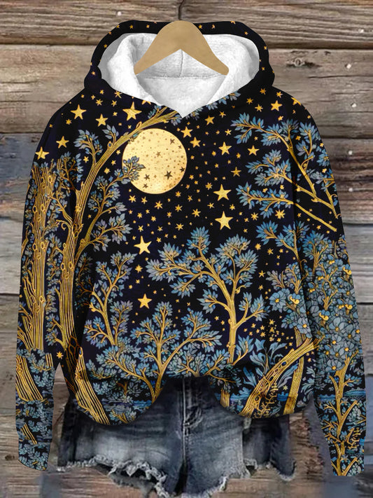 Magic Starry Forest Print Unisex Long Sleeve Casual Hooded Sweatshirt