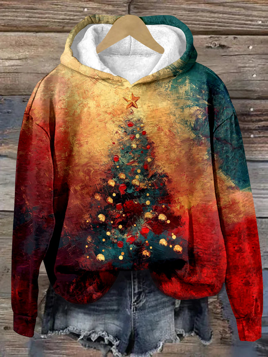 Vintage Oil Painting Christmas Tree Art Print Unisex Long Sleeve Casual Hooded Sweatshirt