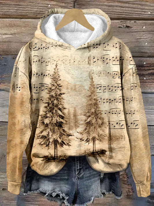 Vintage Magic Musical Notes Forest Art Print Unisex Long Sleeve Casual Hooded Sweatshirt