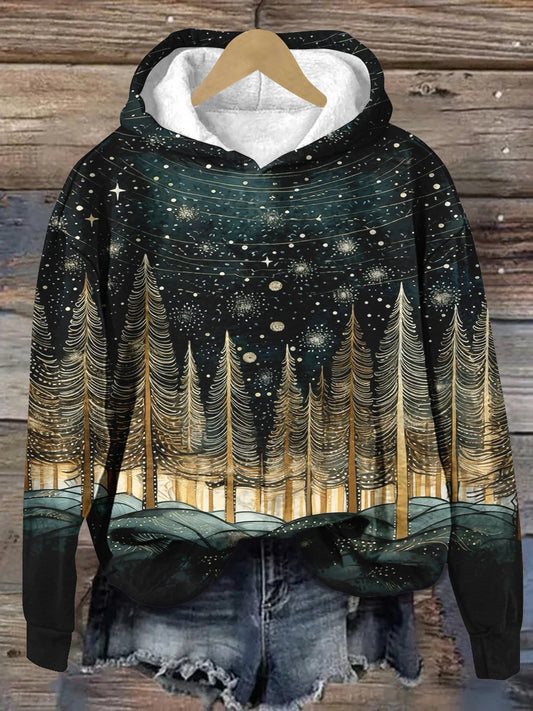 Magic Starry Forest Print Unisex Long Sleeve Casual Hooded Sweatshirt