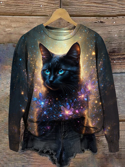 Cat Print Unisex Crew Neck Long Sleeve Casual Sweatshirt