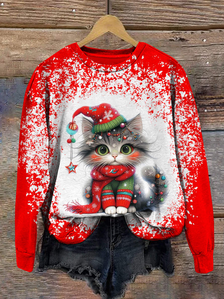 Cat Christmas Snowflake Art Print Unisex Crew Neck Long Sleeve Casual Sweatshirt