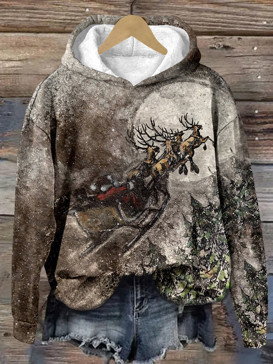 Vintage Christmas Night Busy Old Man Art Print Unisex Long Sleeve Casual Hooded Sweatshirt